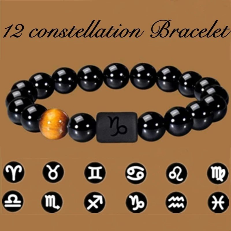12 Constellation Zodiac Signs Beads Couples Bracelet Natural Black Onyx Stone Elastic Charm Bracelet for Women Men Birthday Gift - Tara's Tiny Treasures