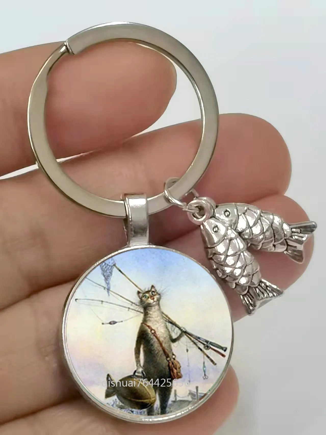 2022 new zinc alloy key chain naughty cat and fish glass pendant key chain cute cat eating fish key chain cute girls - Tara's Tiny Treasures