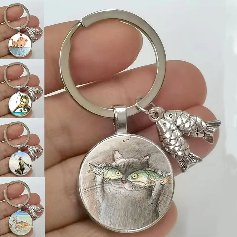 2022 new zinc alloy key chain naughty cat and fish glass pendant key chain cute cat eating fish key chain cute girls - Tara's Tiny Treasures