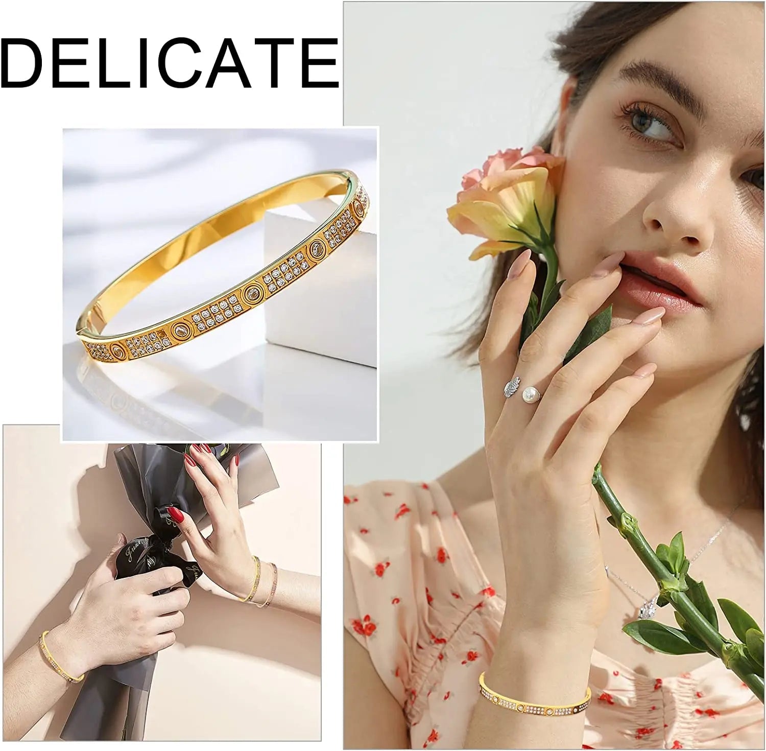 2023 New Design Gold Color Zircon And Cross Nut Nail Bracelet Gold & Bangle For Woman Stainless Steel Screw Brand Jewelry - Tara's Tiny Treasures
