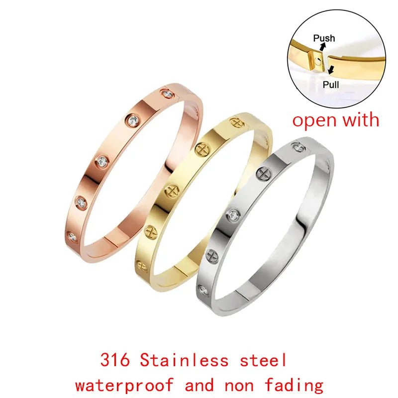 2023 New Design Gold Color Zircon And Cross Nut Nail Bracelet Gold & Bangle For Woman Stainless Steel Screw Brand Jewelry - Tara's Tiny Treasures