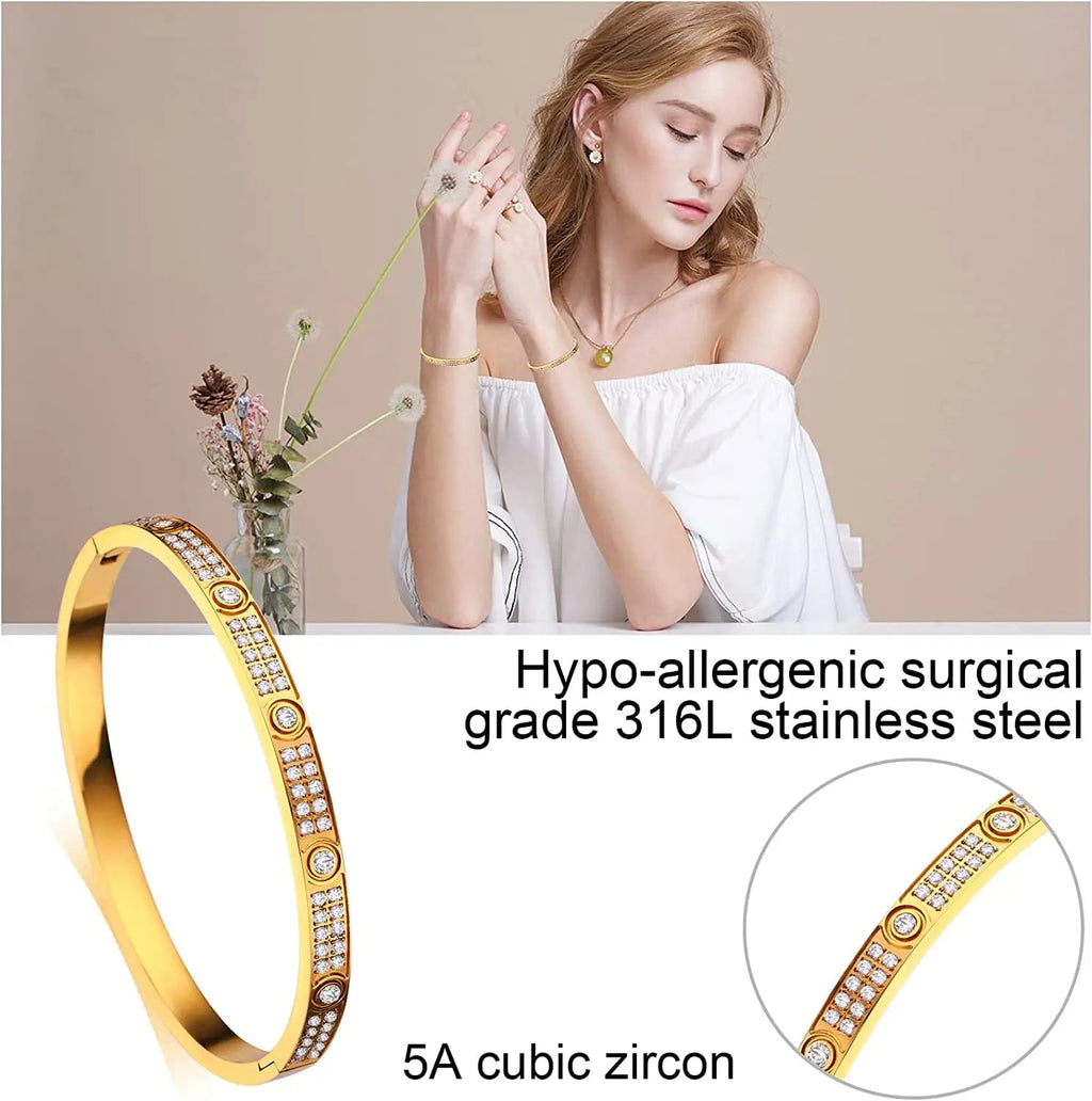 2023 New Design Gold Color Zircon And Cross Nut Nail Bracelet Gold & Bangle For Woman Stainless Steel Screw Brand Jewelry - Tara's Tiny Treasures