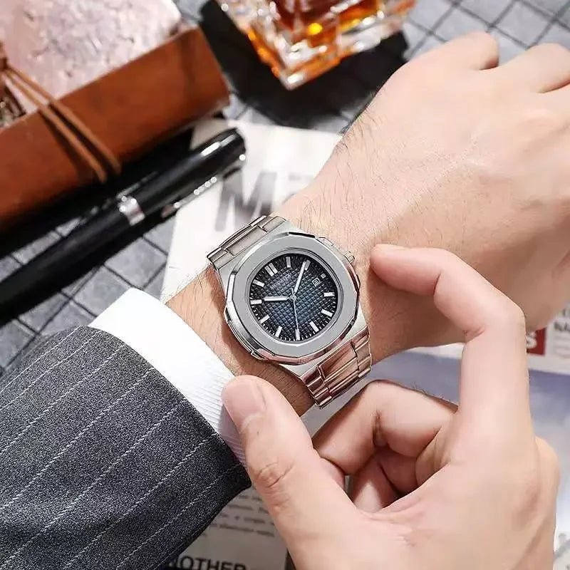 2024 Luxury Fashion Casual Men Watches Big Dial Silver Stainless Steel Calendar Quartz Wristwatch Classic Top Brand Male Clock - Tara's Tiny Treasures