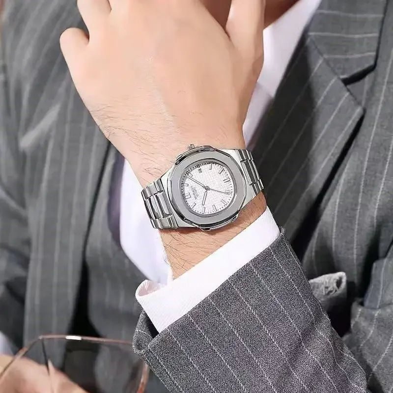 2024 Luxury Fashion Casual Men Watches Big Dial Silver Stainless Steel Calendar Quartz Wristwatch Classic Top Brand Male Clock - Tara's Tiny Treasures