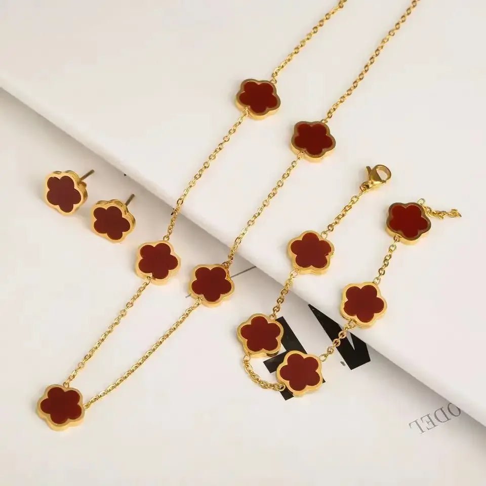 2025 Hot Sale Luxury Plum Five-Leaf Flower Set Bracelet Necklace Classic Simple Women Jewelry Set Suitable For Daily Party Wear - Tara's Tiny Treasures