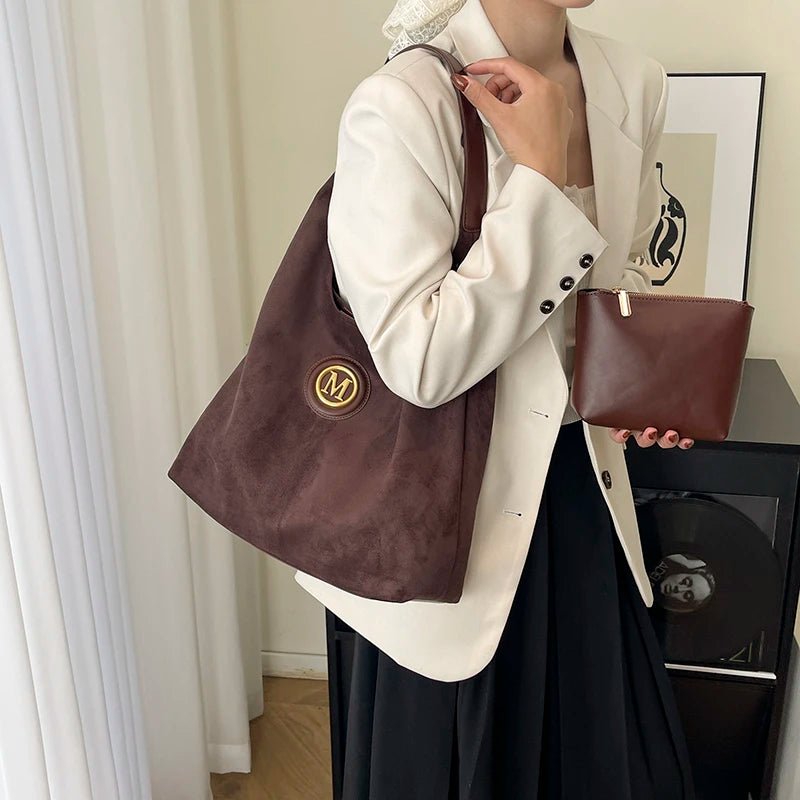 2025 Winter New Fashion Casual Togs Faux Suede Solid Color Large Capacity Shoulder Bags Durable Daily Commuting Women's Handbags - Tara's Tiny Treasures