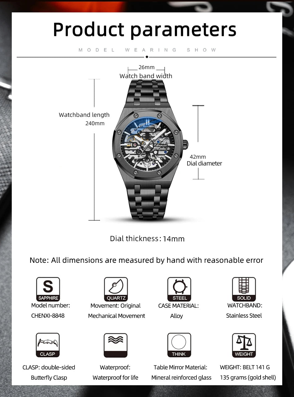 2026 High Quality Automatic Movement Mechanical Watches For Men Fashion Casual Skeleton Hollow Luminous Waterproof Watch CHENXI - Tara's Tiny Treasures
