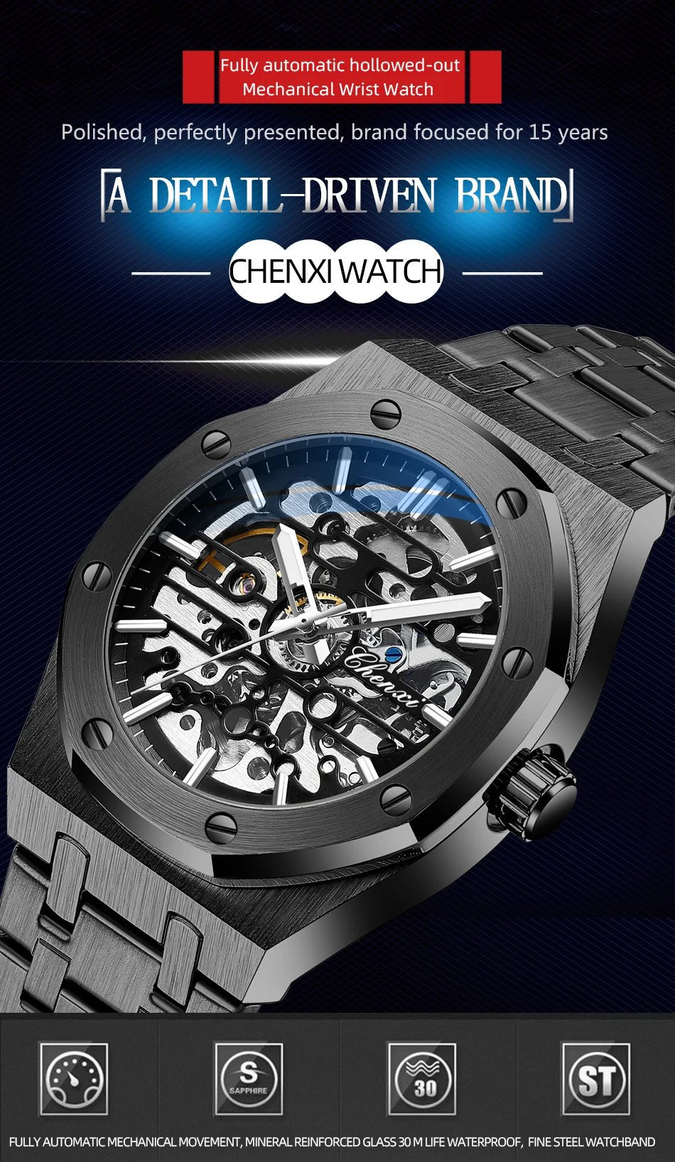 2026 High Quality Automatic Movement Mechanical Watches For Men Fashion Casual Skeleton Hollow Luminous Waterproof Watch CHENXI - Tara's Tiny Treasures