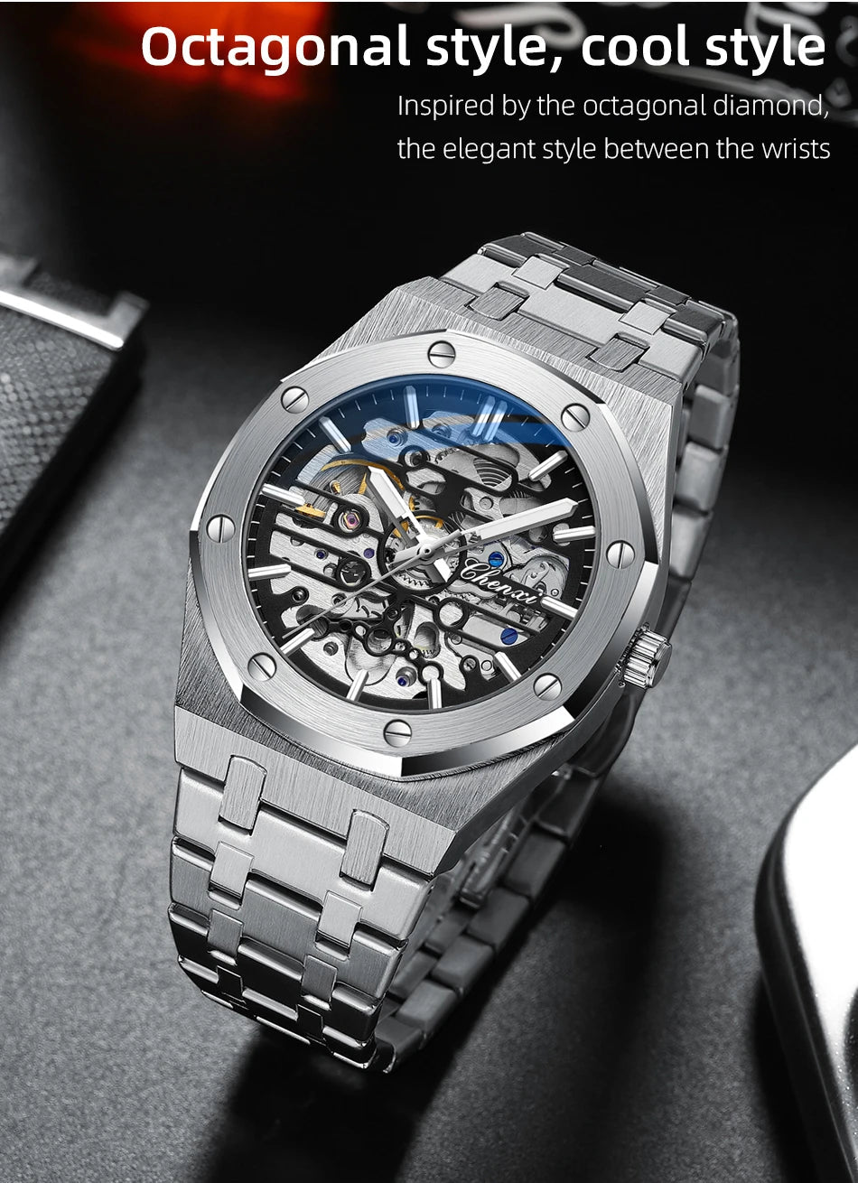 2026 High Quality Automatic Movement Mechanical Watches For Men Fashion Casual Skeleton Hollow Luminous Waterproof Watch CHENXI - Tara's Tiny Treasures
