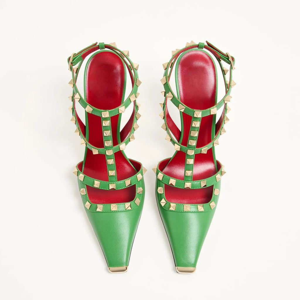 2026Summer Square Headed Rivet High-heeled Women's Sandals, Fashionable and Sexy Women's Party T-table Women's Plus Size Sandals - Tara's Tiny Treasures