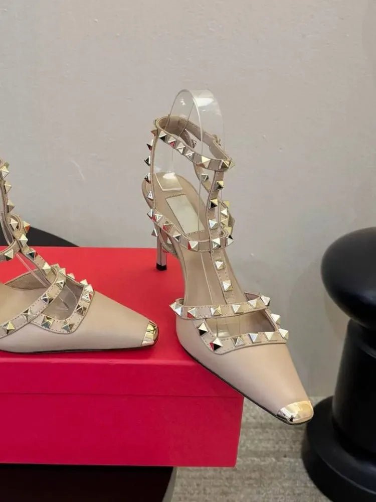 2026Summer Square Headed Rivet High-heeled Women's Sandals, Fashionable and Sexy Women's Party T-table Women's Plus Size Sandals - Tara's Tiny Treasures