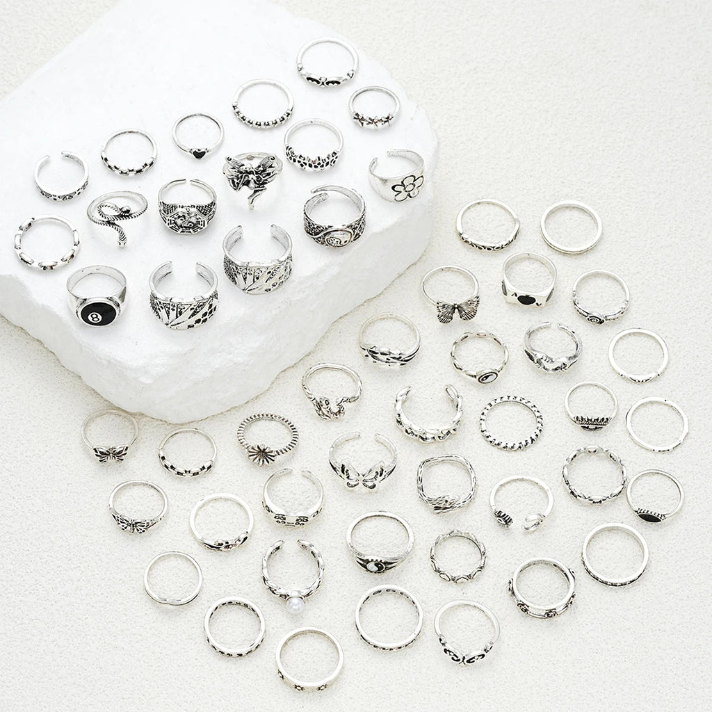 51pcs Gothic Punk Ring Set For Women Men Fashion Butterfly Heart Snake Design Match Ring Daily Wear Halloween Jewelry Gifts New - Tara's Tiny Treasures