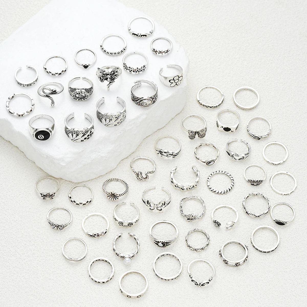 51pcs Gothic Punk Ring Set For Women Men Fashion Butterfly Heart Snake Design Match Ring Daily Wear Halloween Jewelry Gifts New - Tara's Tiny Treasures