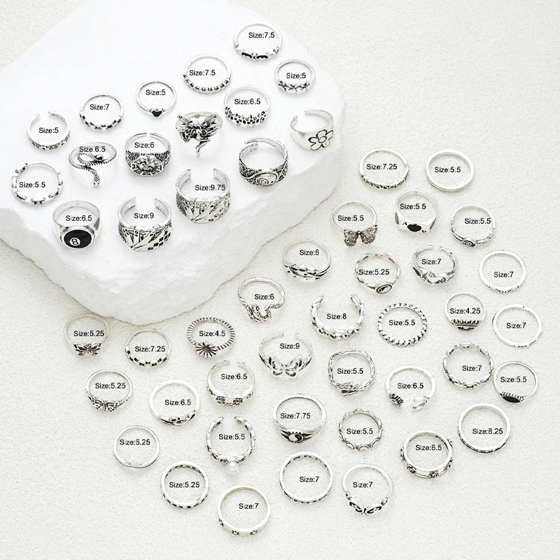 51pcs Gothic Punk Ring Set For Women Men Fashion Butterfly Heart Snake Design Match Ring Daily Wear Halloween Jewelry Gifts New - Tara's Tiny Treasures