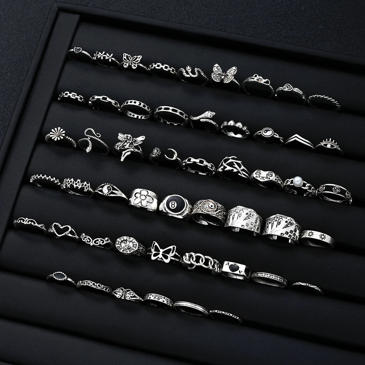 51pcs Gothic Punk Ring Set For Women Men Fashion Butterfly Heart Snake Design Match Ring Daily Wear Halloween Jewelry Gifts New - Tara's Tiny Treasures