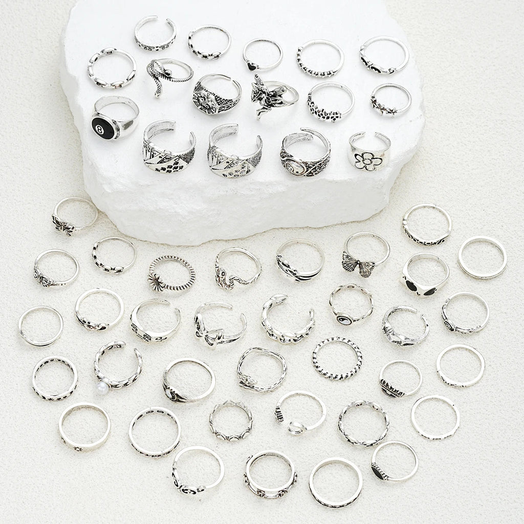 51pcs Gothic Punk Ring Set For Women Men Fashion Butterfly Heart Snake Design Match Ring Daily Wear Halloween Jewelry Gifts New - Tara's Tiny Treasures