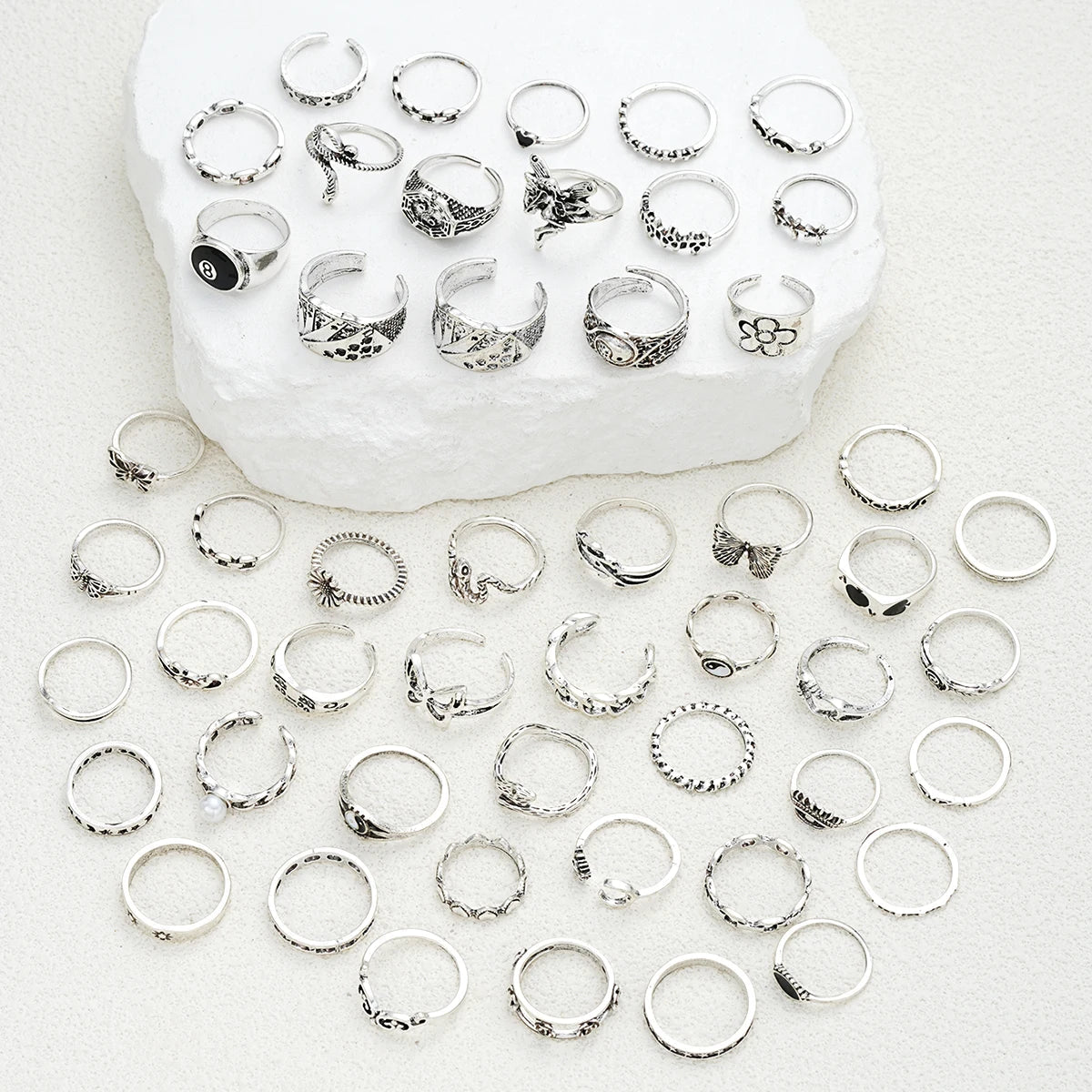 51pcs Gothic Punk Ring Set For Women Men Fashion Butterfly Heart Snake Design Match Ring Daily Wear Halloween Jewelry Gifts New - Tara's Tiny Treasures