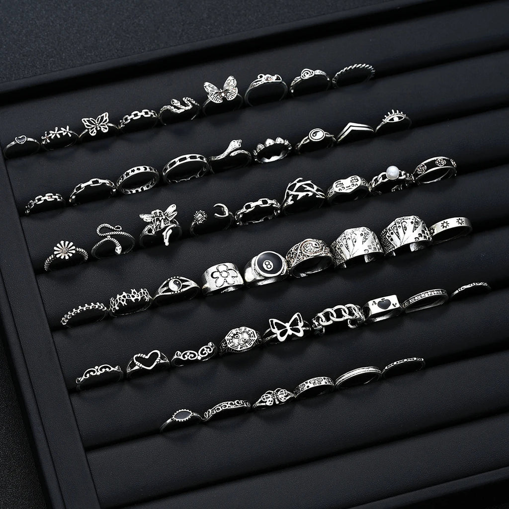 51pcs Gothic Punk Ring Set For Women Men Fashion Butterfly Heart Snake Design Match Ring Daily Wear Halloween Jewelry Gifts New - Tara's Tiny Treasures
