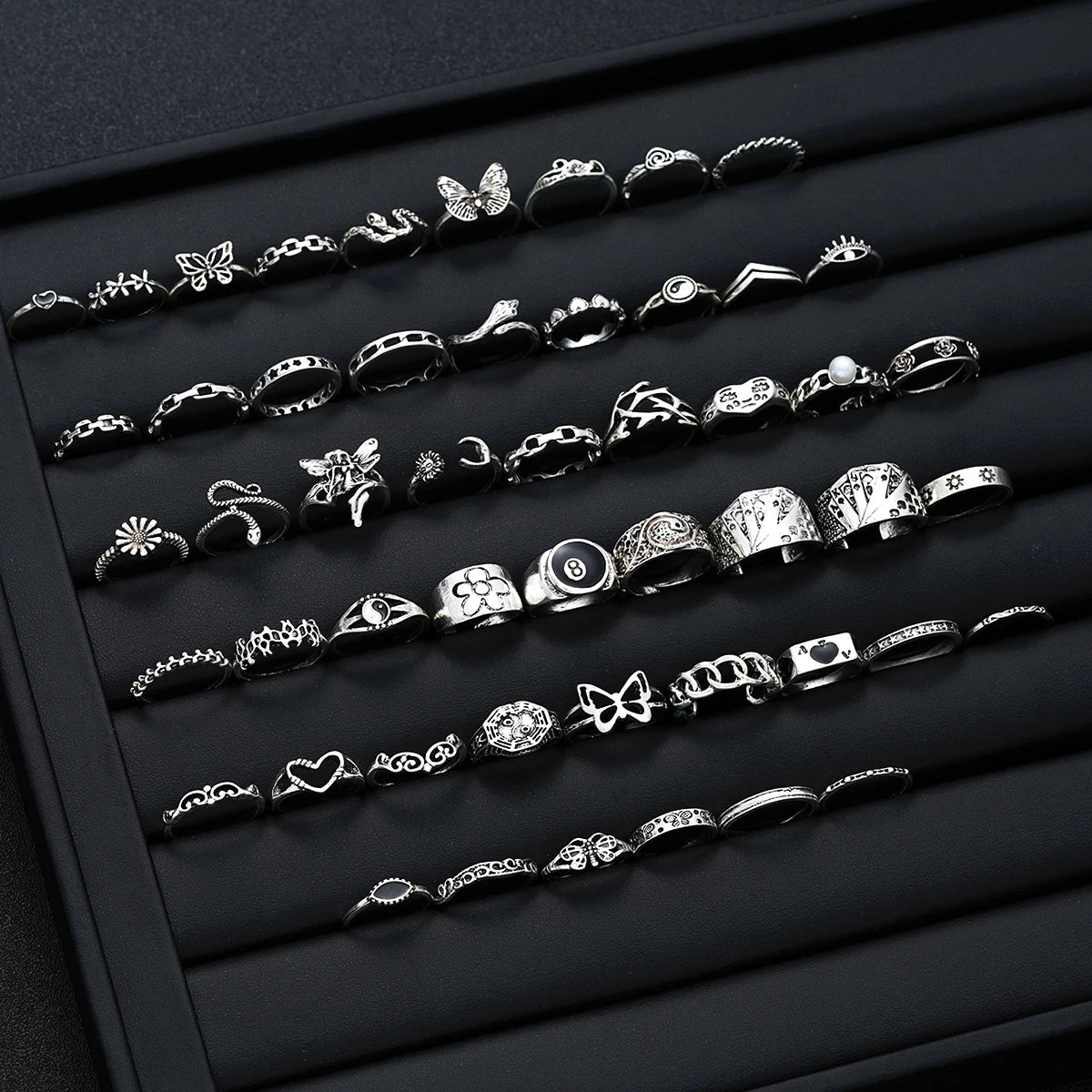 51pcs Gothic Punk Ring Set For Women Men Fashion Butterfly Heart Snake Design Match Ring Daily Wear Halloween Jewelry Gifts New - Tara's Tiny Treasures