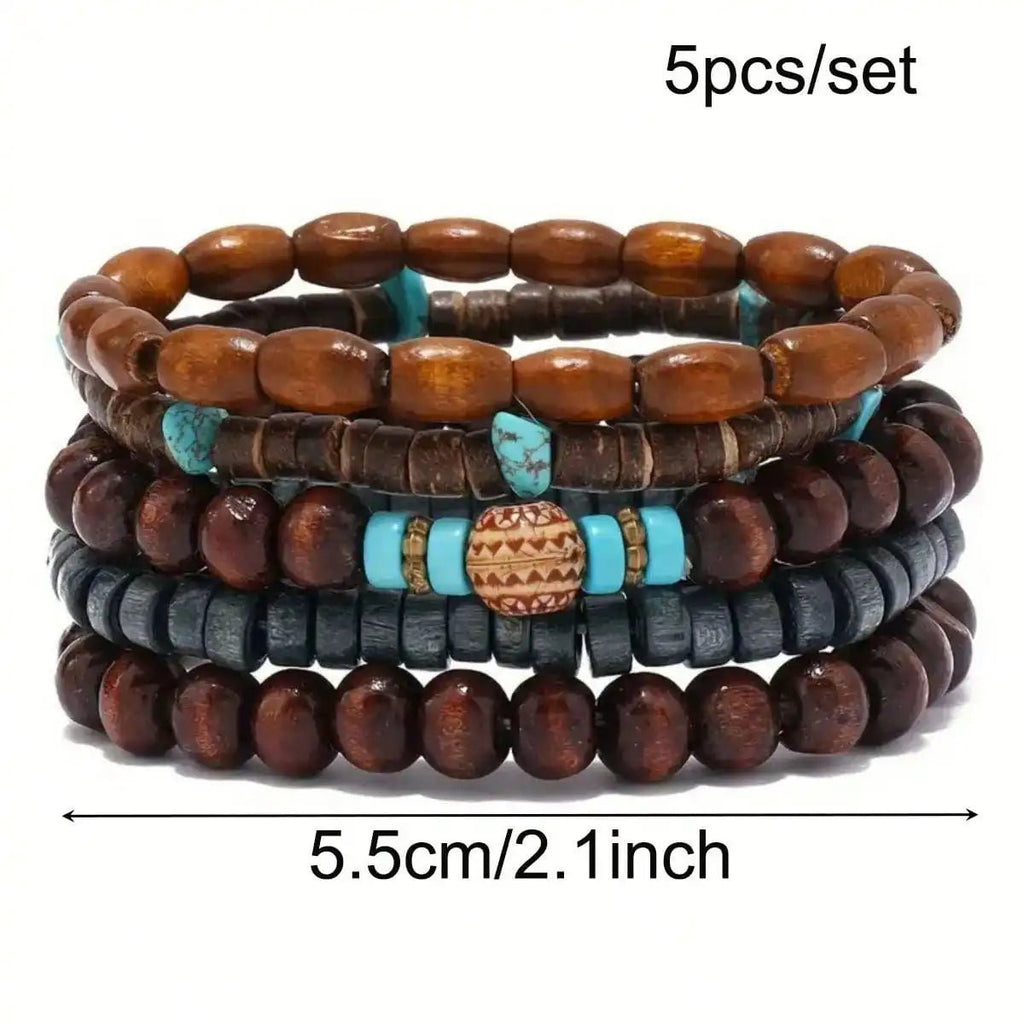 5pcs/set Natural Stone, Wood Beads Beaded Bracelet, Men's Chinese Style Charm Bracelet - Tara's Tiny Treasures