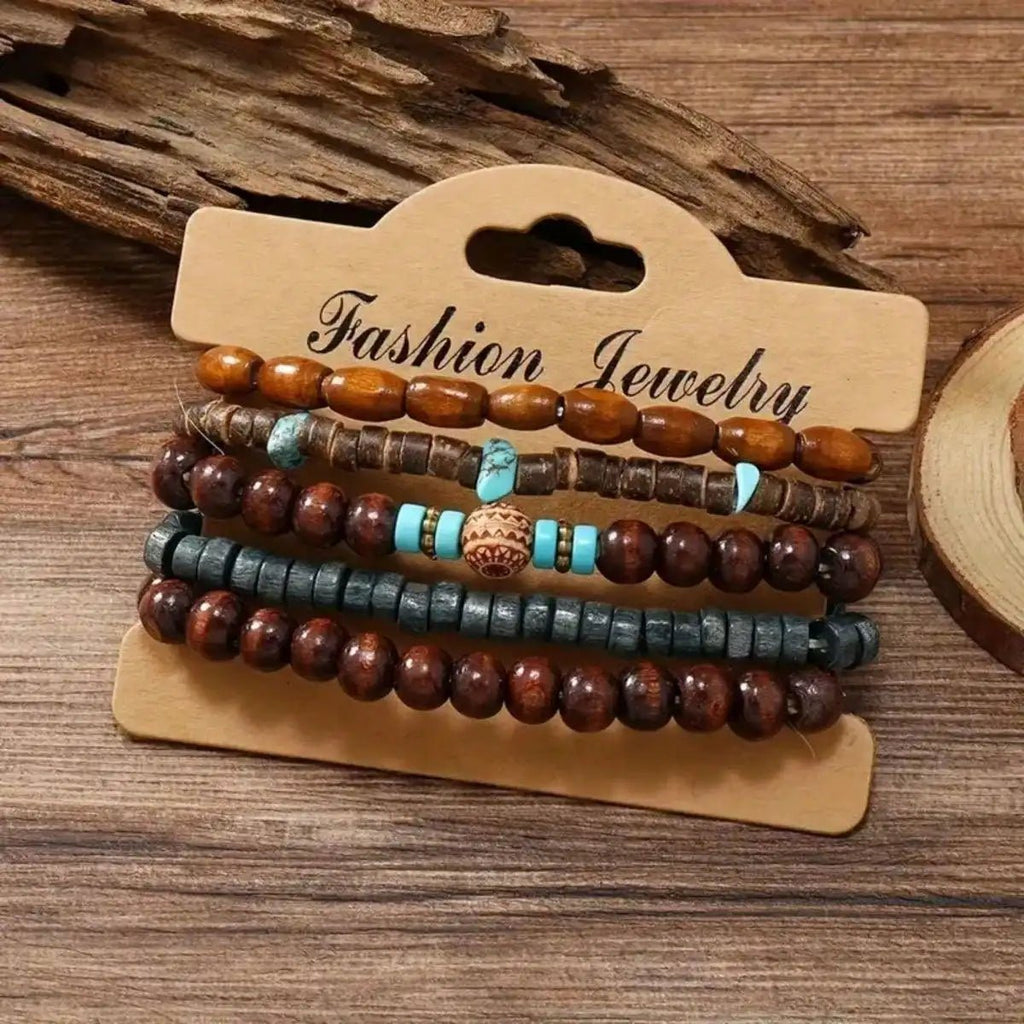 5pcs/set Natural Stone, Wood Beads Beaded Bracelet, Men's Chinese Style Charm Bracelet - Tara's Tiny Treasures