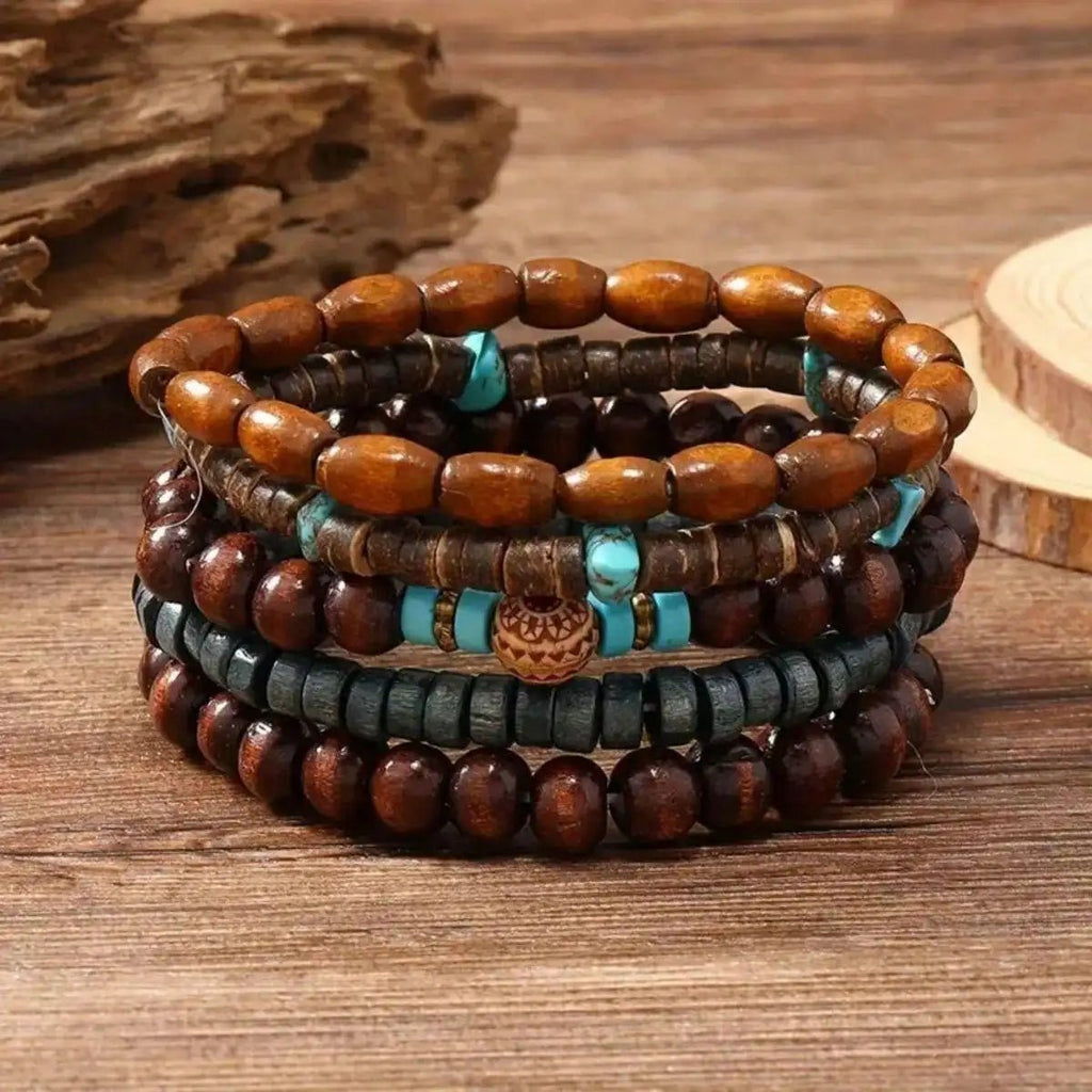 5pcs/set Natural Stone, Wood Beads Beaded Bracelet, Men's Chinese Style Charm Bracelet - Tara's Tiny Treasures