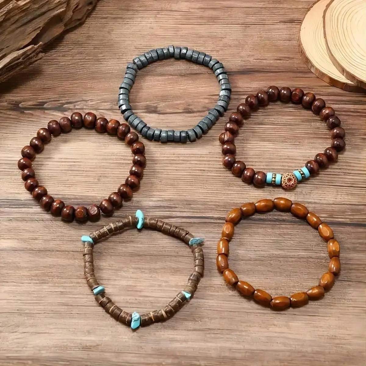 5pcs/set Natural Stone, Wood Beads Beaded Bracelet, Men's Chinese Style Charm Bracelet - Tara's Tiny Treasures