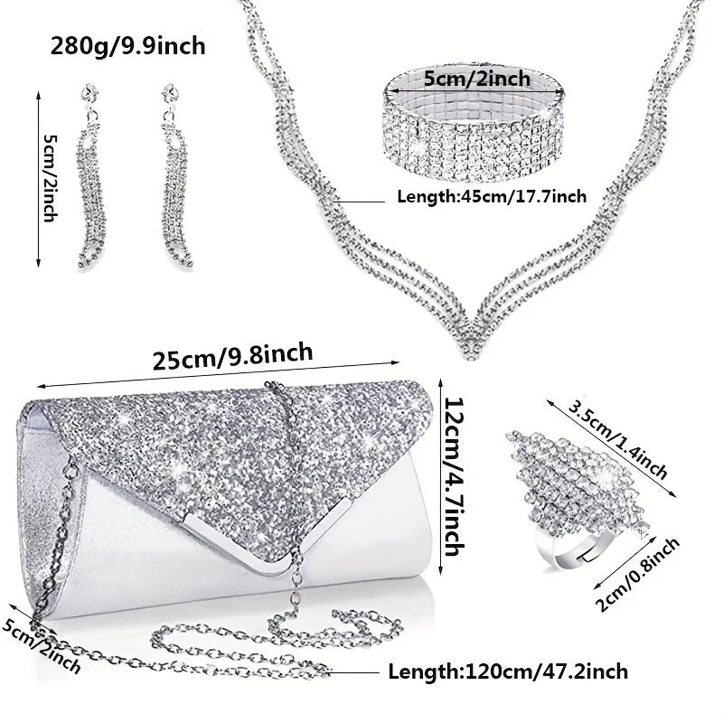 6 Pieces of Earrings, Necklaces, Bracelets, Rings, Bags. Luxury Jewelry Set with Sparkling Rhinestones and Exquisite Evening - Tara's Tiny Treasures