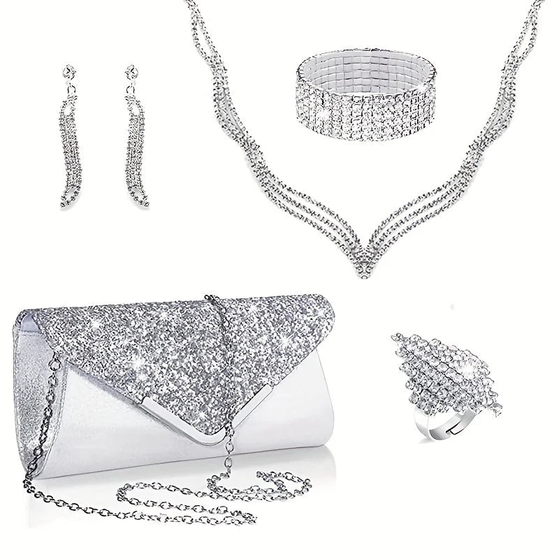 6 Pieces of Earrings, Necklaces, Bracelets, Rings, Bags. Luxury Jewelry Set with Sparkling Rhinestones and Exquisite Evening - Tara's Tiny Treasures