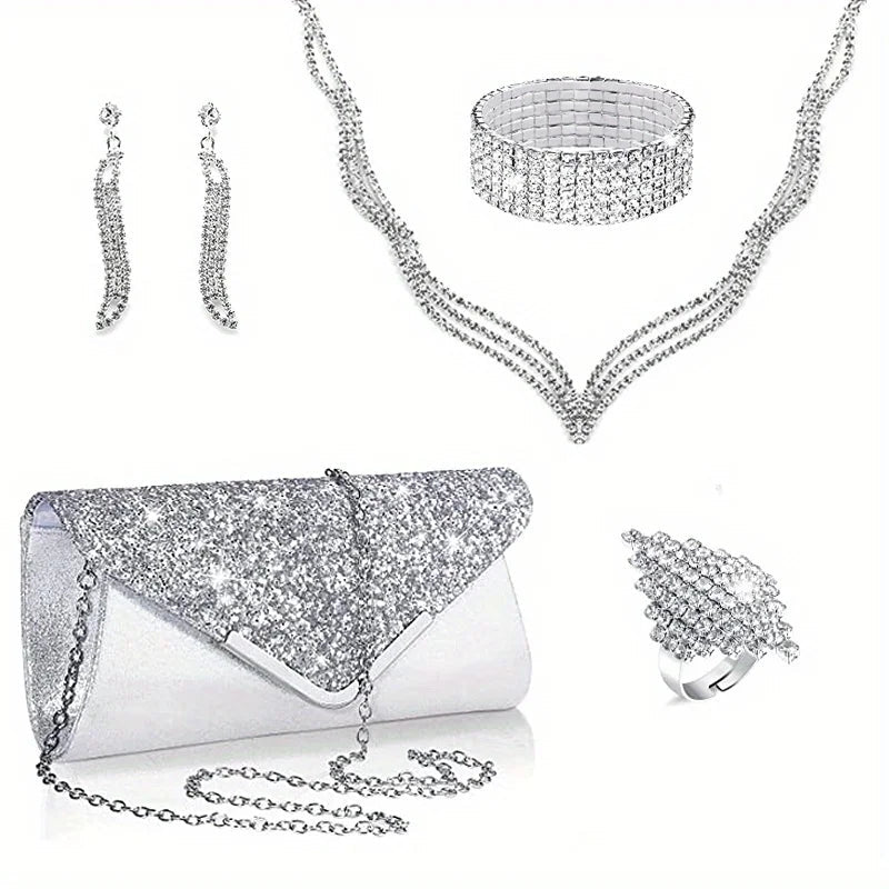6 Pieces of Earrings, Necklaces, Bracelets, Rings, Bags. Luxury Jewelry Set with Sparkling Rhinestones and Exquisite Evening - Tara's Tiny Treasures