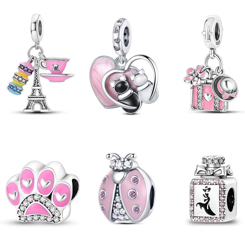 925 Sterling Silver Pink Perfume Bottle Luggage Heart-shaped Cute Claw Charms Beads Fit Original Charm Bracelet DIY Jewelry - Tara's Tiny Treasures