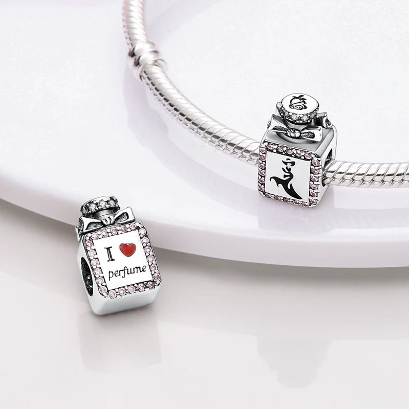 925 Sterling Silver Pink Perfume Bottle Luggage Heart-shaped Cute Claw Charms Beads Fit Original Charm Bracelet DIY Jewelry - Tara's Tiny Treasures