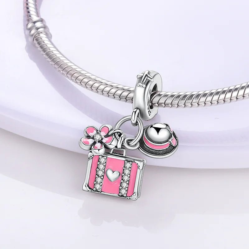 925 Sterling Silver Pink Perfume Bottle Luggage Heart-shaped Cute Claw Charms Beads Fit Original Charm Bracelet DIY Jewelry - Tara's Tiny Treasures