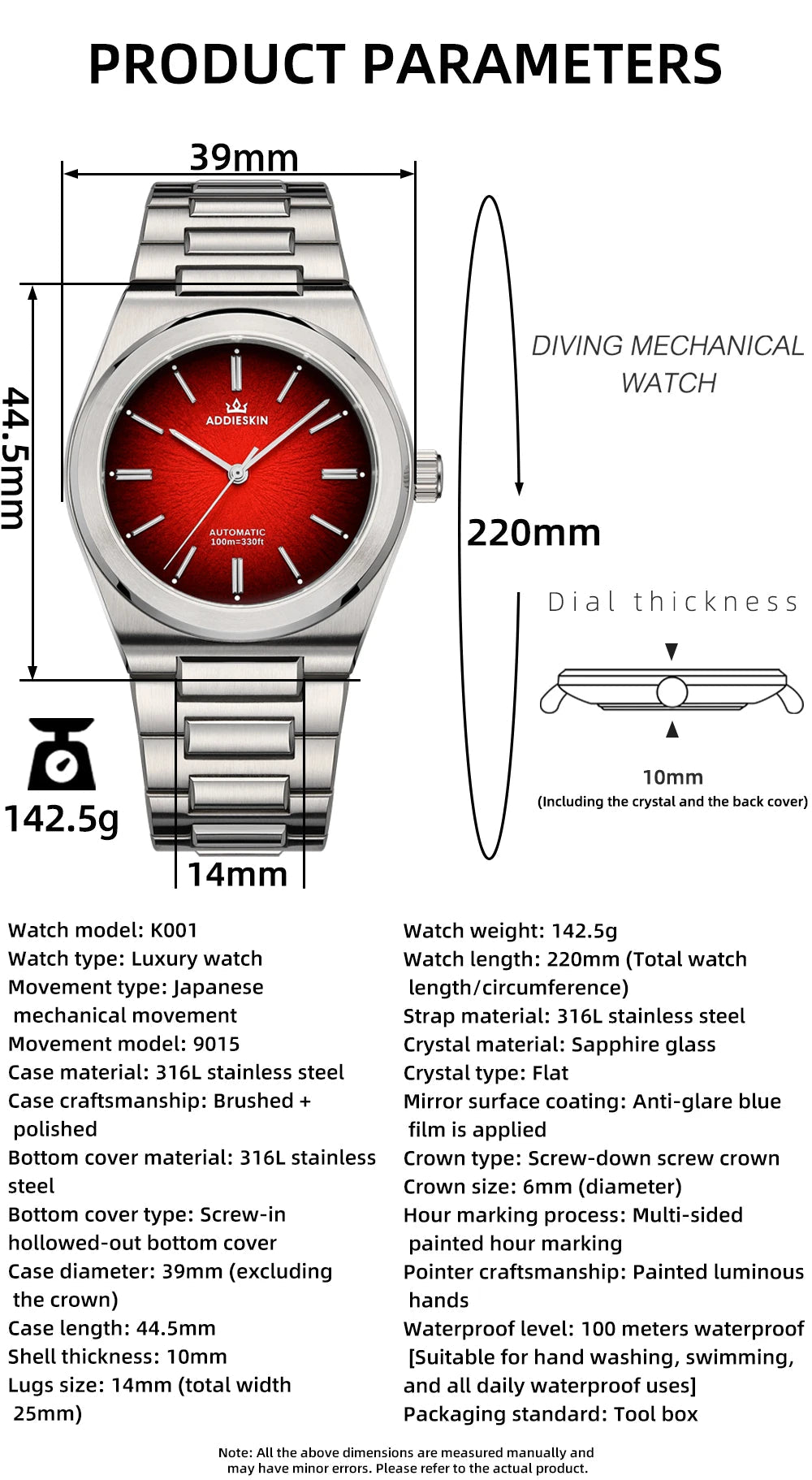 ADDIESKIN Luxury Men's Watch Miyota 9015 Sapphire Glass Gradient Luminous Waterproof 10Bar Gada K001 Automatic Mechanical Watch - Tara's Tiny Treasures