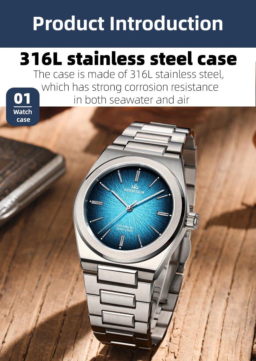 ADDIESKIN Luxury Men's Watch Miyota 9015 Sapphire Glass Gradient Luminous Waterproof 10Bar Gada K001 Automatic Mechanical Watch - Tara's Tiny Treasures