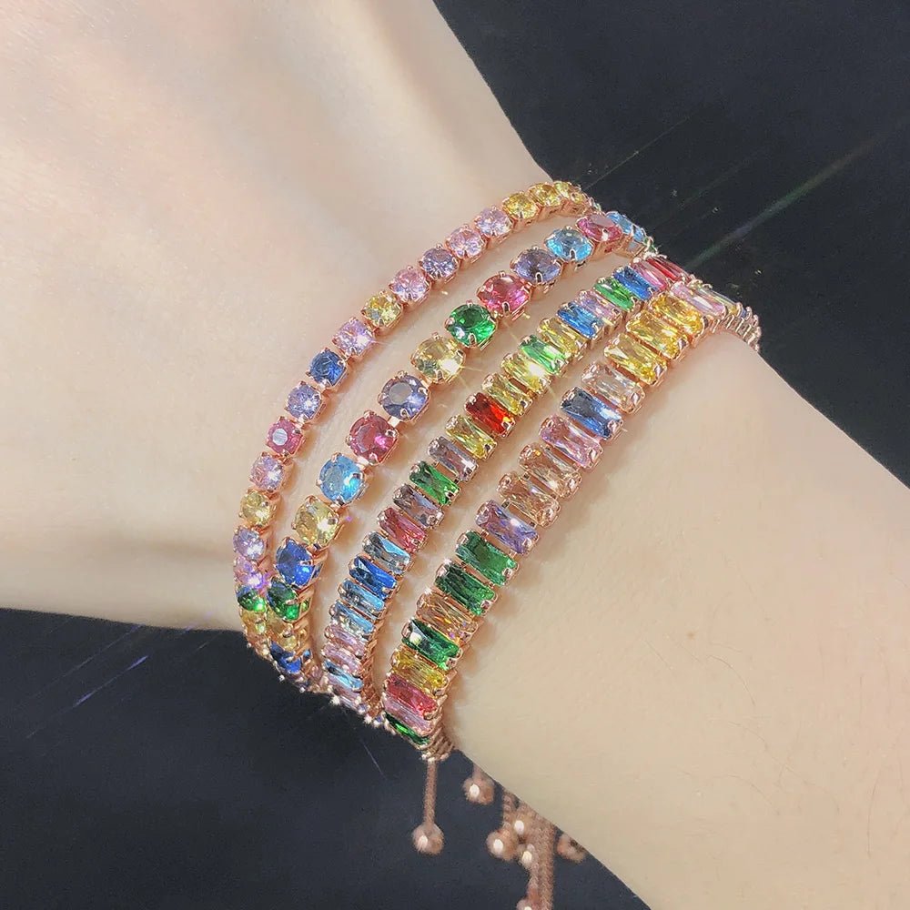 Adjustable Multicolor Tennis Bracelets for Women Ladies Wedding Rainbow Colorful Zircon Charm Bracelet Hand Chain Jewelry DZH043 - Tara's Tiny Treasures