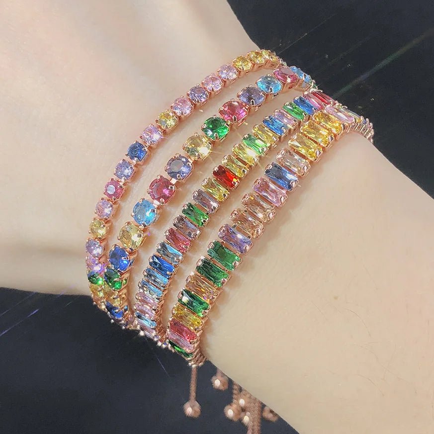 Adjustable Multicolor Tennis Bracelets for Women Ladies Wedding Rainbow Colorful Zircon Charm Bracelet Hand Chain Jewelry DZH043 - Tara's Tiny Treasures