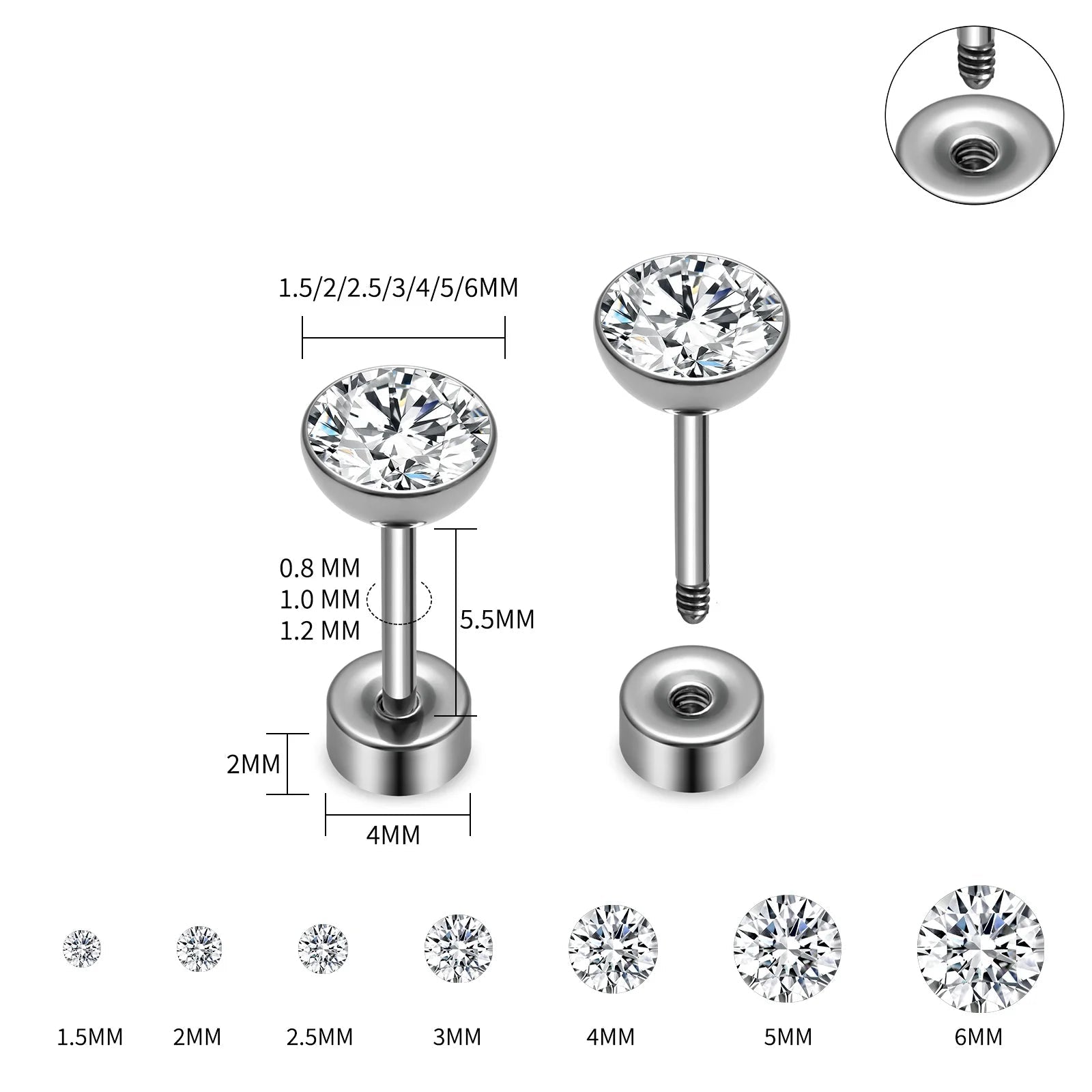 ASTM F136 Titanium Piercing Round Bowl Shaped Screw Labret Earring Set Lip Ring Cartilage Tragus Conch Jewelry Helix Nose Studs - Tara's Tiny Treasures