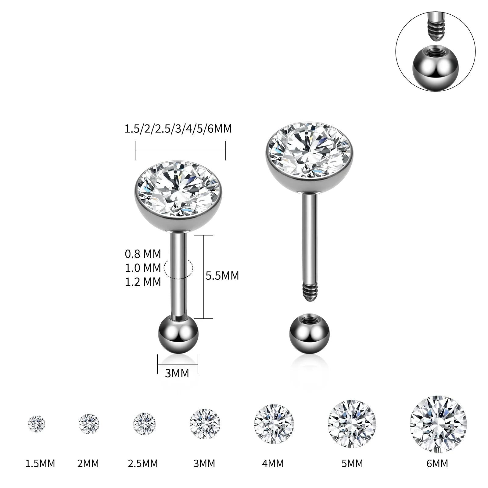 ASTM F136 Titanium Piercing Round Bowl Shaped Screw Labret Earring Set Lip Ring Cartilage Tragus Conch Jewelry Helix Nose Studs - Tara's Tiny Treasures