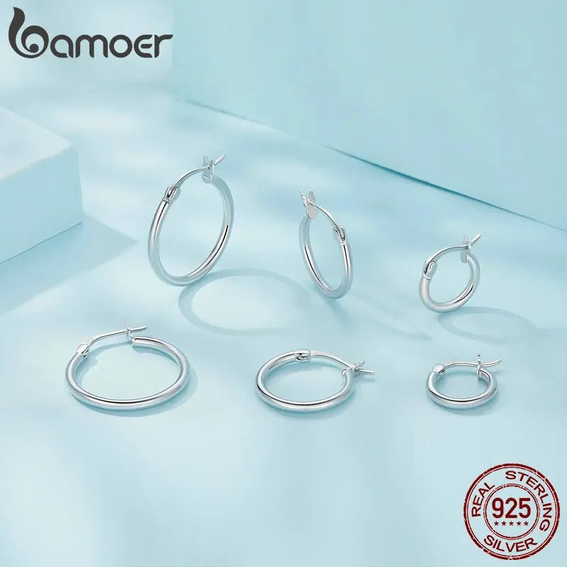 BAMOER 925 Sterling Silver Bold Classic Hypoallergenic Hoop Earrings, 14K White Gold Plated Glossy Tube Earrings for Women Gift - Tara's Tiny Treasures