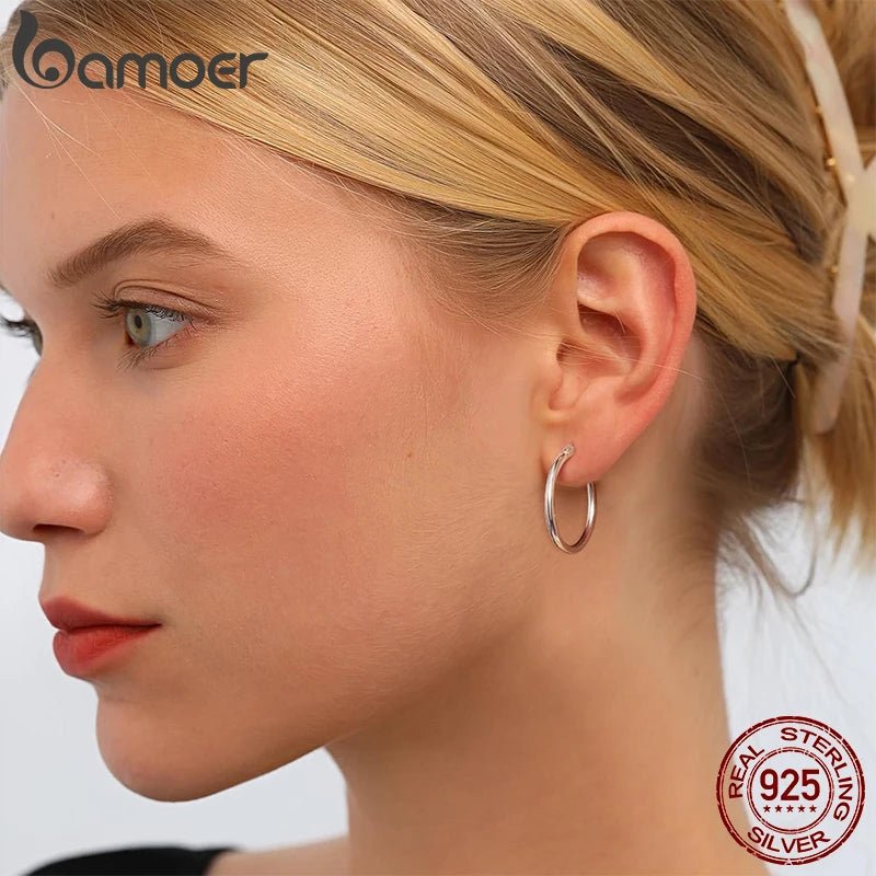 BAMOER 925 Sterling Silver Bold Classic Hypoallergenic Hoop Earrings, 14K White Gold Plated Glossy Tube Earrings for Women Gift - Tara's Tiny Treasures