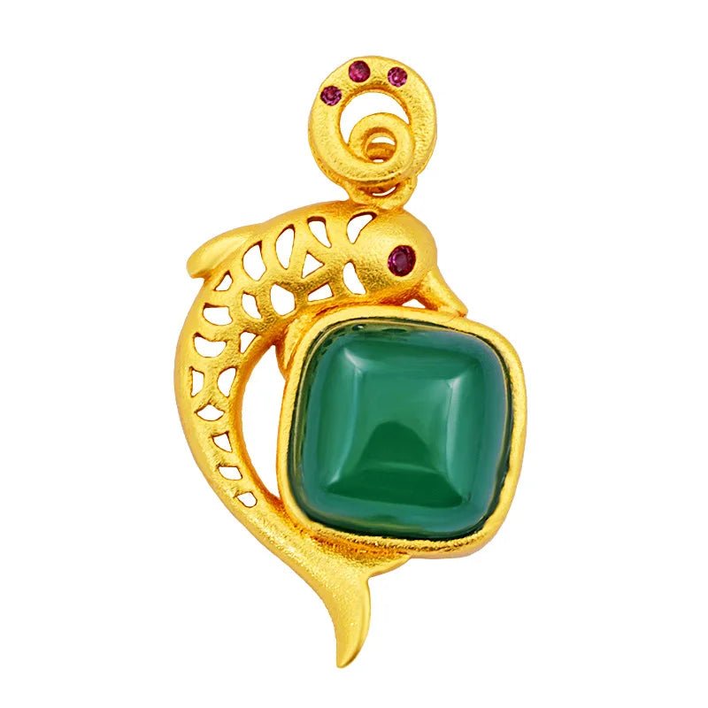 Beautiful Meaning Jade Inlaid Fish Pendant For Women 24K Gold AU999 | Wealth and surplus, peace and smoothness - Tara's Tiny Treasures