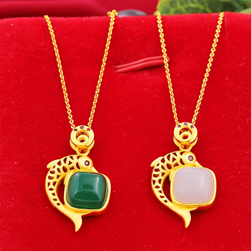 Beautiful Meaning Jade Inlaid Fish Pendant For Women 24K Gold AU999 | Wealth and surplus, peace and smoothness - Tara's Tiny Treasures