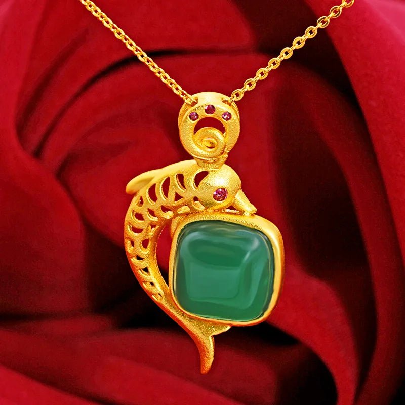 Beautiful Meaning Jade Inlaid Fish Pendant For Women 24K Gold AU999 | Wealth and surplus, peace and smoothness - Tara's Tiny Treasures