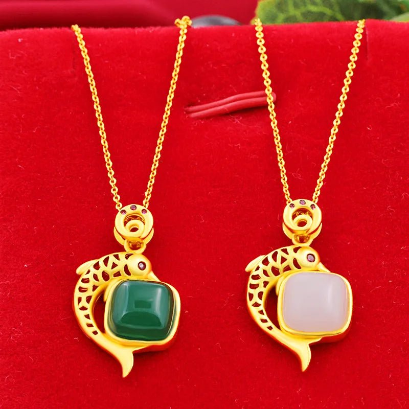 Beautiful Meaning Jade Inlaid Fish Pendant For Women 24K Gold AU999 | Wealth and surplus, peace and smoothness - Tara's Tiny Treasures