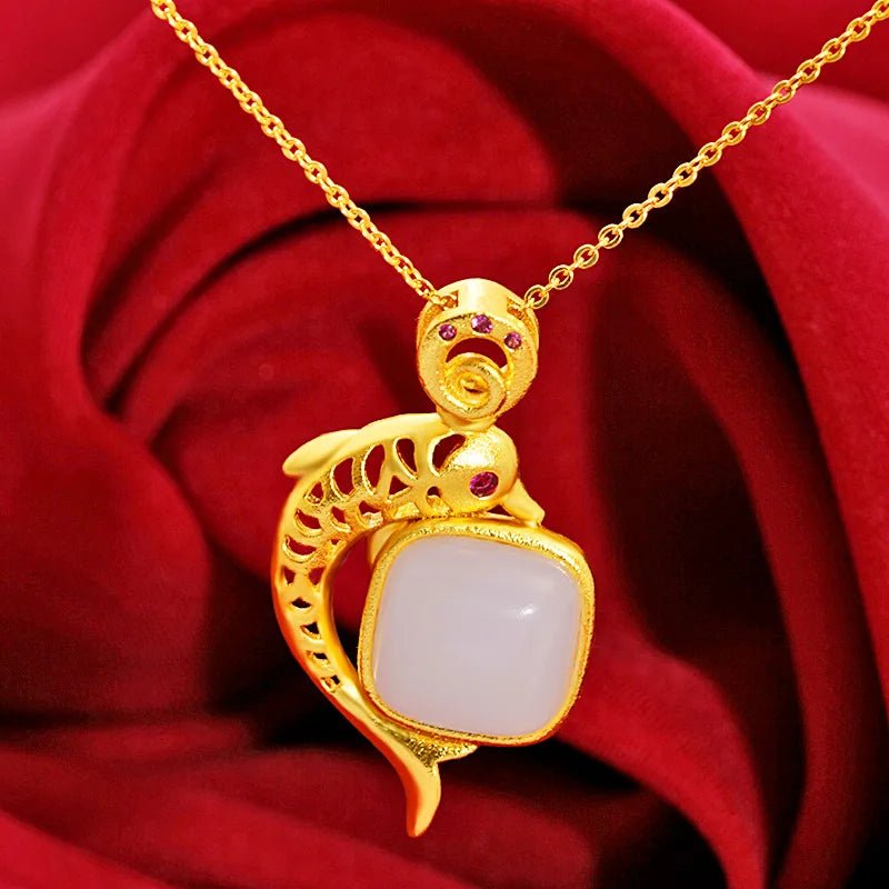 Beautiful Meaning Jade Inlaid Fish Pendant For Women 24K Gold AU999 | Wealth and surplus, peace and smoothness - Tara's Tiny Treasures
