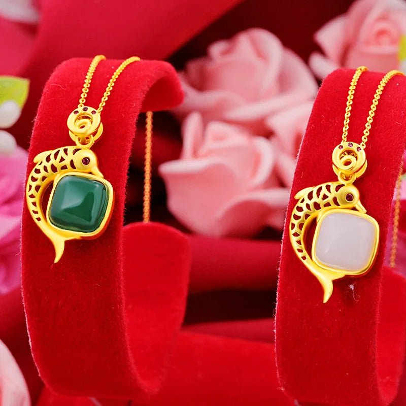 Beautiful Meaning Jade Inlaid Fish Pendant For Women 24K Gold AU999 | Wealth and surplus, peace and smoothness - Tara's Tiny Treasures