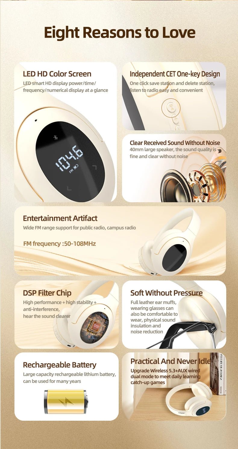 Bluetooth Headset with FM Radio Wireless Headset Bluetooth Earphone For HIFI Stereo With Built-in Mic - Tara's Tiny Treasures