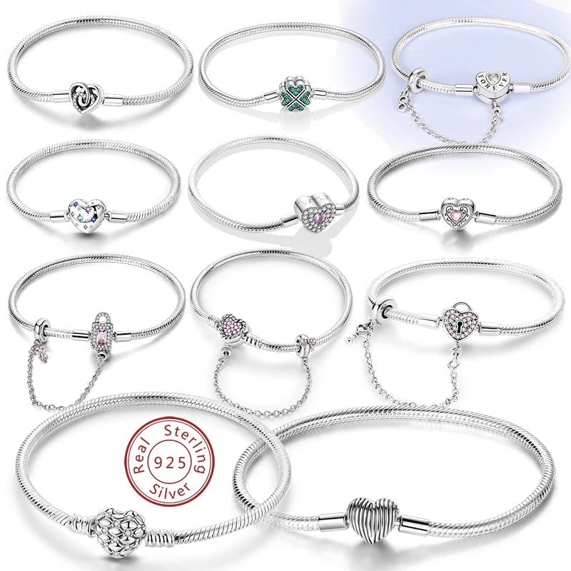 Bracelet Original 925 Sterling Silver Charm Bracelet 17-20CM Love Heart Pave Zirconia Bracelet for Women DIY Charm Jewelry Gifts - Tara's Tiny Treasures