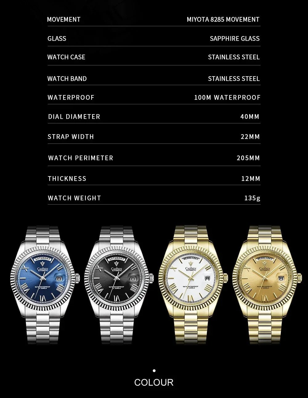 CADISEN Men's Mechanical Watch Luxury Meteorite Dial Sapphire Crystal Automatic Watch For Men Week MIYOTA 8285 Movt Wristwatch - Tara's Tiny Treasures